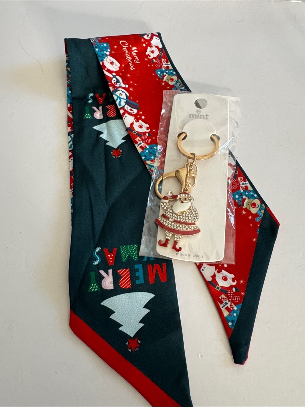 Mint Festive Santa Keychain with Red & Dark Green Holiday Scarf Accent